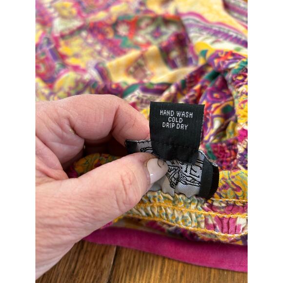 Angie Halter Maxi Dress Boho Gold & Magenta Geometric Boarder Print Smocked Sz L - Picture 10 of 13